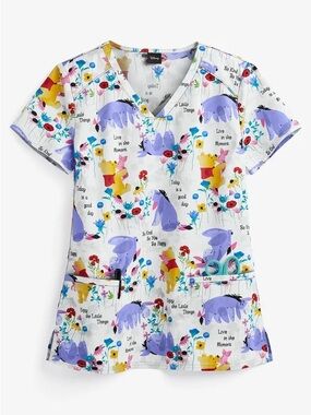 Cherokee White Floral Winnie the Pooh & Eeyore Print Scrub Top